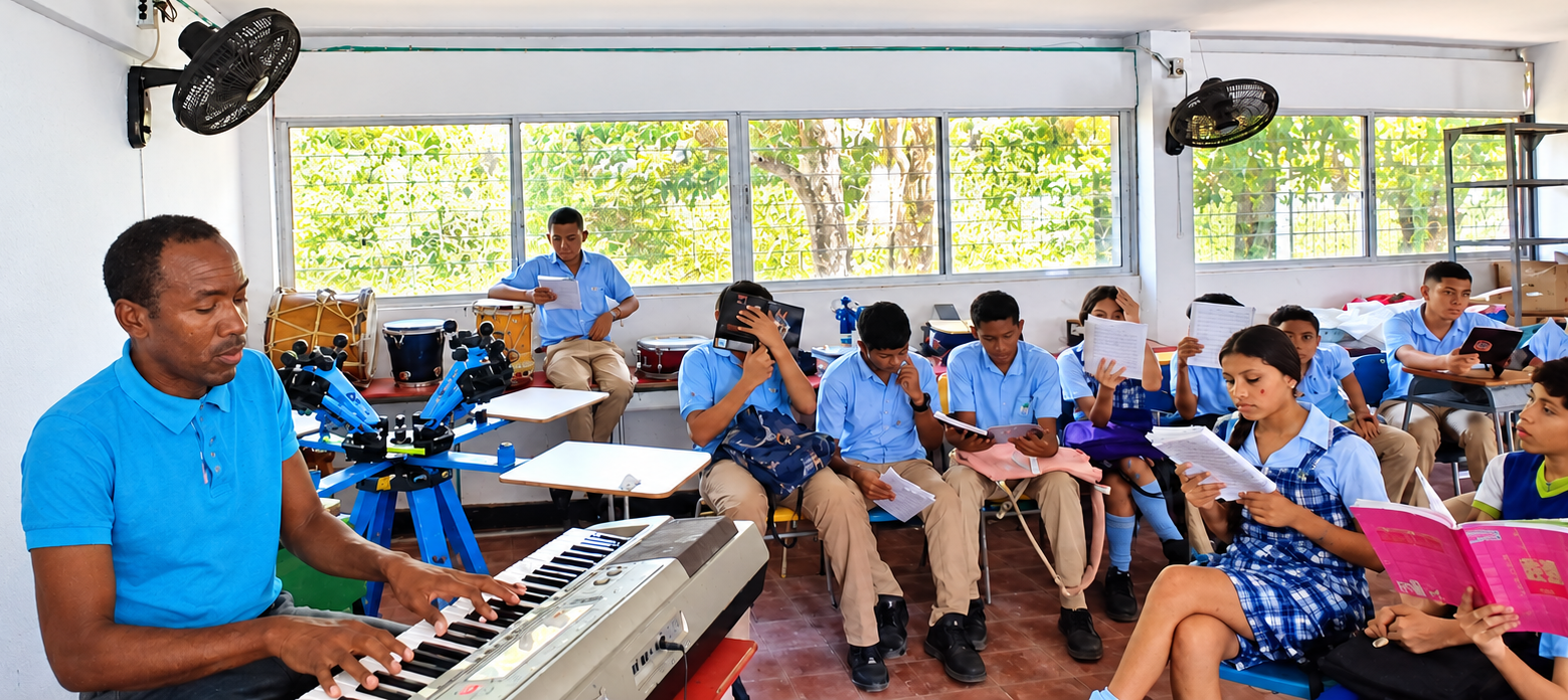 Docente y estudiantes compartiendo una experiencia musical